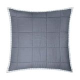 Hebden Percale Cotton Cushion in mineral denim blue, square with box-quilted grid stitching and a pale blue and white gingham-check border, on a plain white background.
