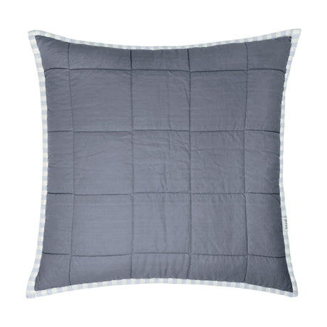 Hebden Percale Cotton Cushion in mineral denim blue, square with box-quilted grid stitching and a pale blue and white gingham-check border, on a plain white background.