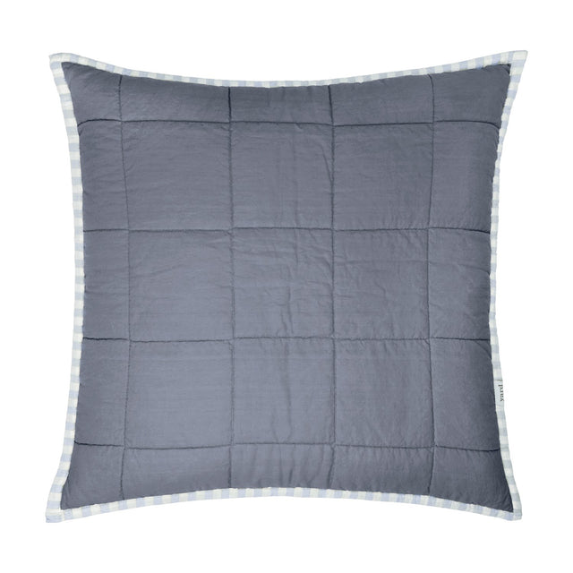 Hebden Percale Cotton Cushion in mineral denim blue, square with box-quilted grid stitching and a pale blue and white gingham-check border, on a plain white background.