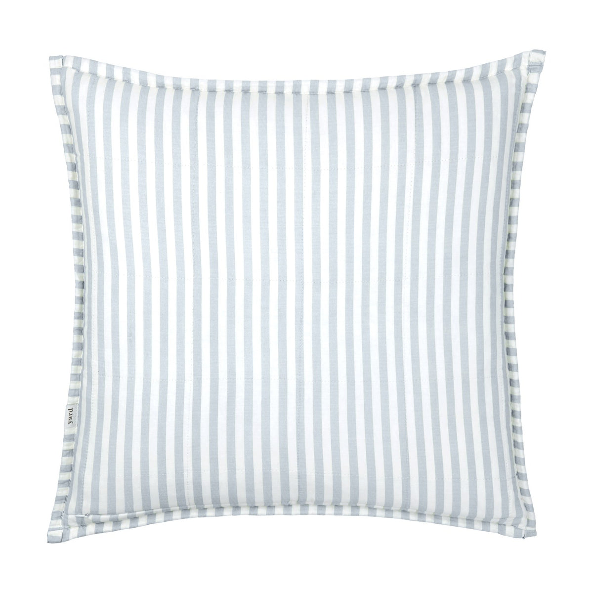 Hebden Percale Cotton Cushion in Mineral/Denim Blue, square design with pale blue and white striped cotton face, edged with a gingham-check border, on a plain white background.