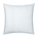 Hebden Percale Cotton Cushion in Mineral/Denim Blue, square design with pale blue and white striped cotton face, edged with a gingham-check border, on a plain white background.