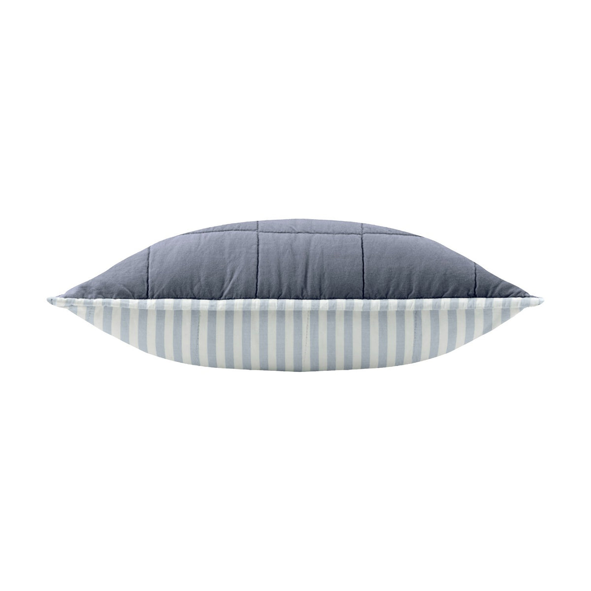 Hebden Percale Cotton Cushion, edge view showing box-quilted denim blue face and pale blue and white striped reverse, on a plain white background.