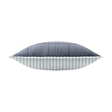 Hebden Percale Cotton Cushion, edge view showing box-quilted denim blue face and pale blue and white striped reverse, on a plain white background.
