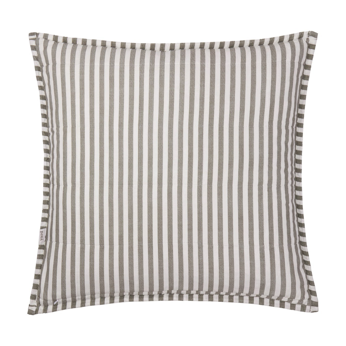 Hebden Percale Cotton Cushion in Mole grey and off-white stripe, square with quilted grid pattern and striped Oxford-style border, shown on a plain white background.
