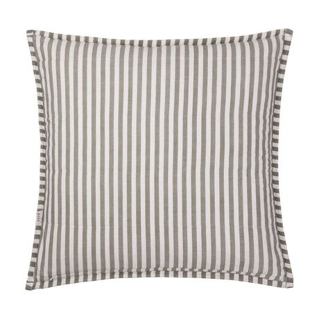 Hebden Percale Cotton Cushion in Mole grey and off-white stripe, square with quilted grid pattern and striped Oxford-style border, shown on a plain white background.