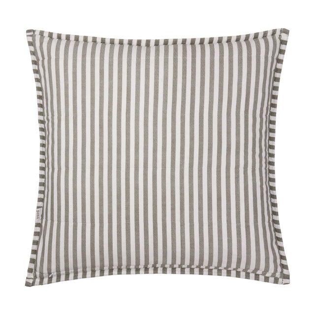 Hebden Percale Cotton Cushion in Mole grey and off-white stripe, square with quilted grid pattern and striped Oxford-style border, shown on a plain white background.