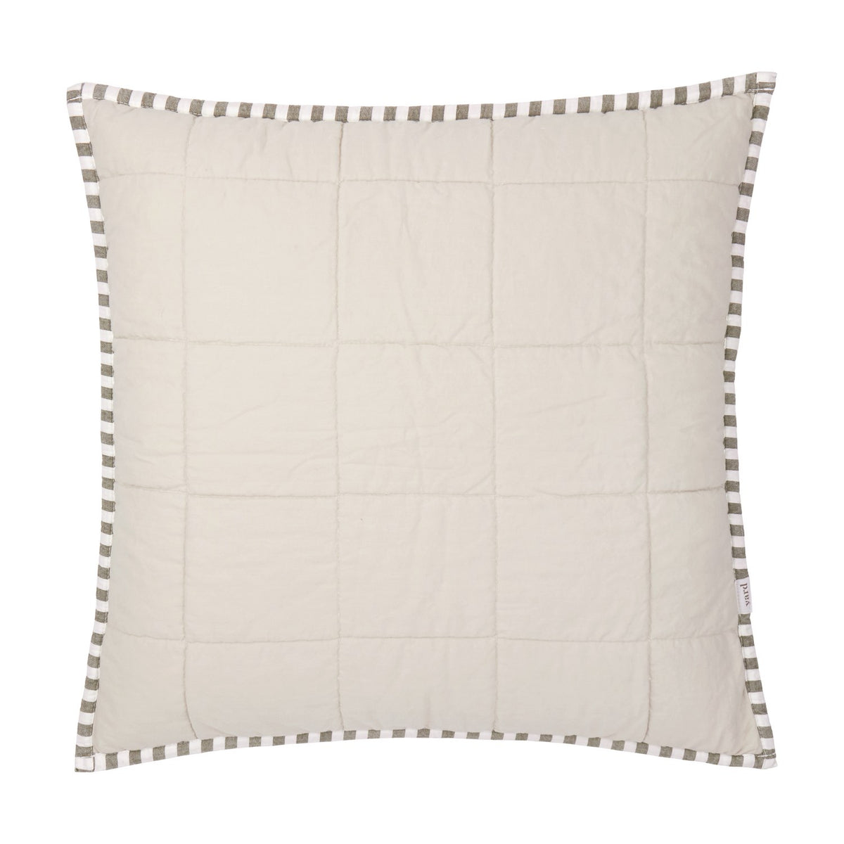 Hebden Percale Cotton Cushion in Mole/Stone, plain washed stone-coloured face with quilted grid stitching and a striped Oxford-style border, shown on a white background.