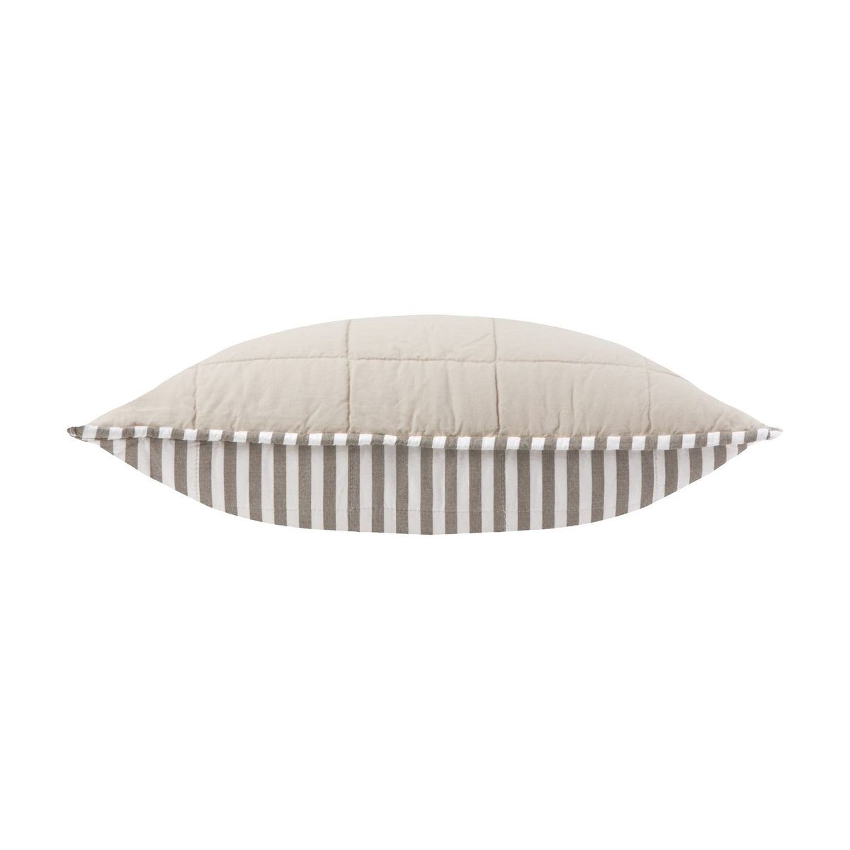 Hebden Percale Cotton Cushion in Mole/Stone, shown side-on with quilted stone-coloured top and mole grey and white striped Oxford border, on a plain white background.
