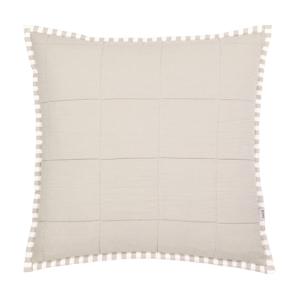 Hebden Percale Cotton Cushion in stone beige with a quilted square-grid front and a striped natural-and-white Oxford border, shown on a plain white background.