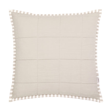 Hebden Percale Cotton Cushion in stone beige with a quilted square-grid front and a striped natural-and-white Oxford border, shown on a plain white background.