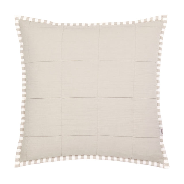 Hebden Percale Cotton Cushion in stone beige with a quilted square-grid front and a striped natural-and-white Oxford border, shown on a plain white background.
