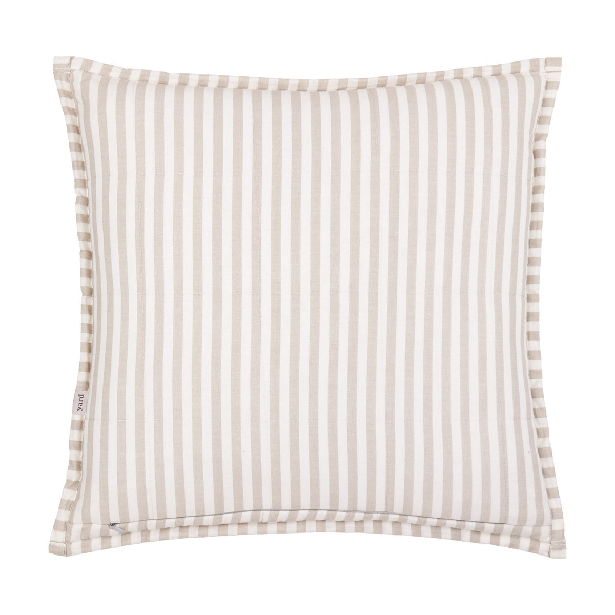 Hebden Percale Cotton Cushion in Natural/Stone, shown reverse side with fine natural-and-white striped percale fabric and matching striped Oxford border, on a plain white background.