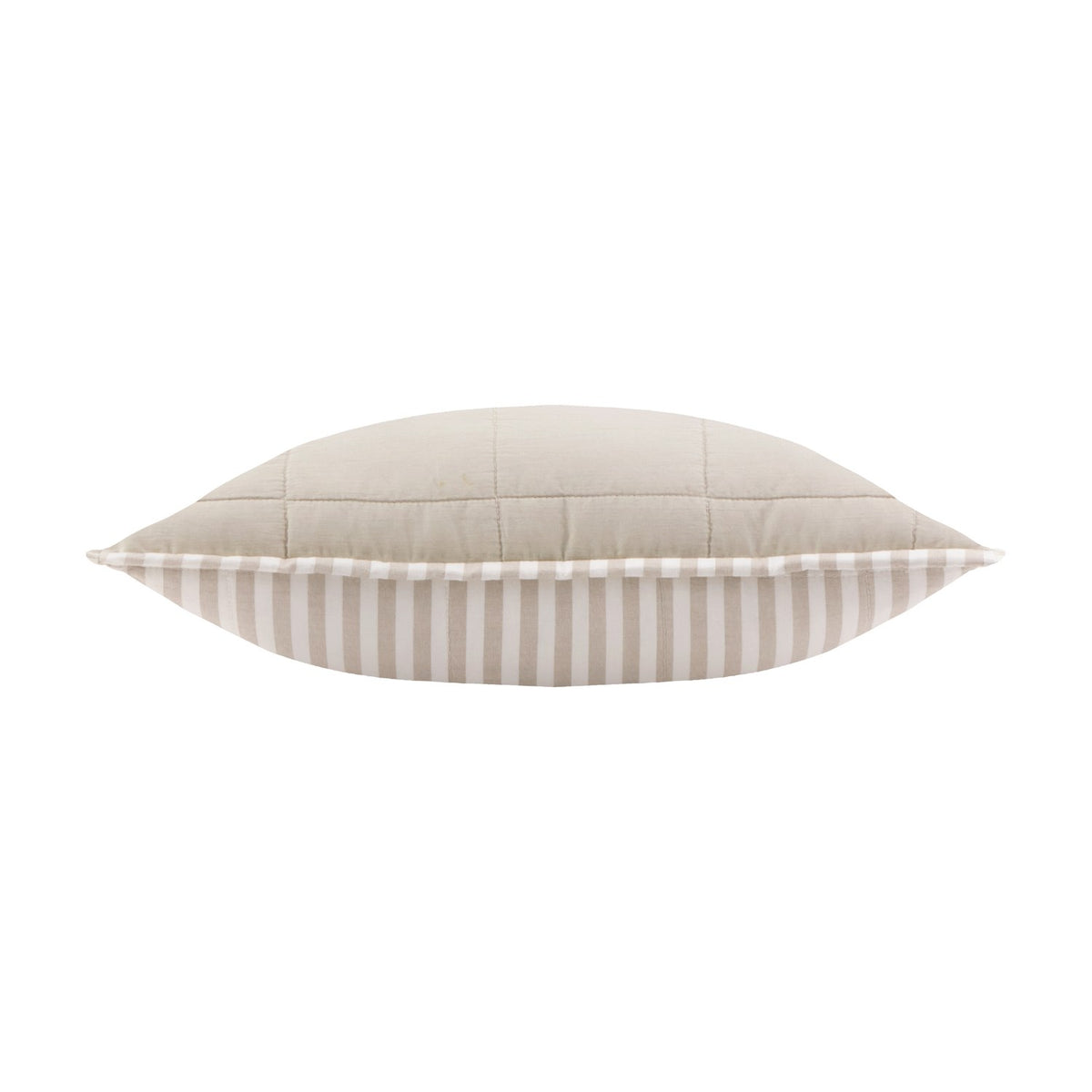Side view of the Hebden Percale Cotton Cushion showing a quilted stone beige front, natural-and-white striped Oxford border and reverse, on a plain white background.