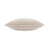 Side view of the Hebden Percale Cotton Cushion showing a quilted stone beige front, natural-and-white striped Oxford border and reverse, on a plain white background.