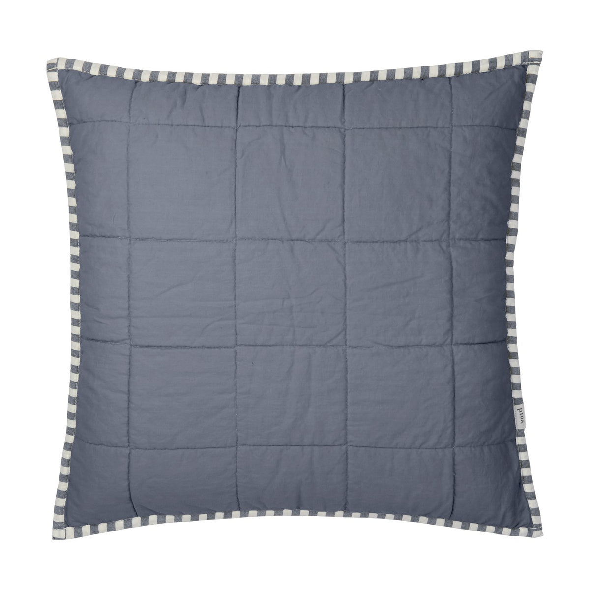 Hebden Percale Cotton Cushion in denim blue with a quilted grid pattern and a navy and cream striped edge trim, shown on a white background.