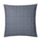 Hebden Percale Cotton Cushion in denim blue with a quilted grid pattern and a navy and cream striped edge trim, shown on a white background.