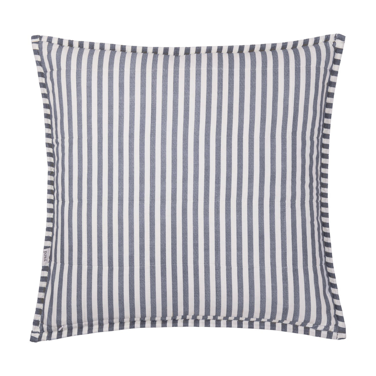 Hebden Percale Cotton Cushion in navy and cream woven stripe pattern, square with piped edges, shown on a plain white background.