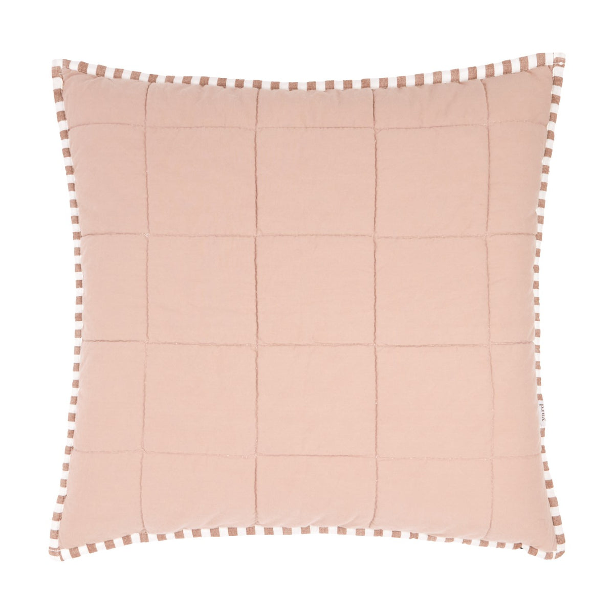 Hebden Percale Cotton Cushion in Pecan/Cotta, showing the quilted pecan-pink square-grid face with striped edge piping, on a plain white background.