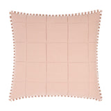 Hebden Percale Cotton Cushion in Pecan/Cotta, showing the quilted pecan-pink square-grid face with striped edge piping, on a plain white background.