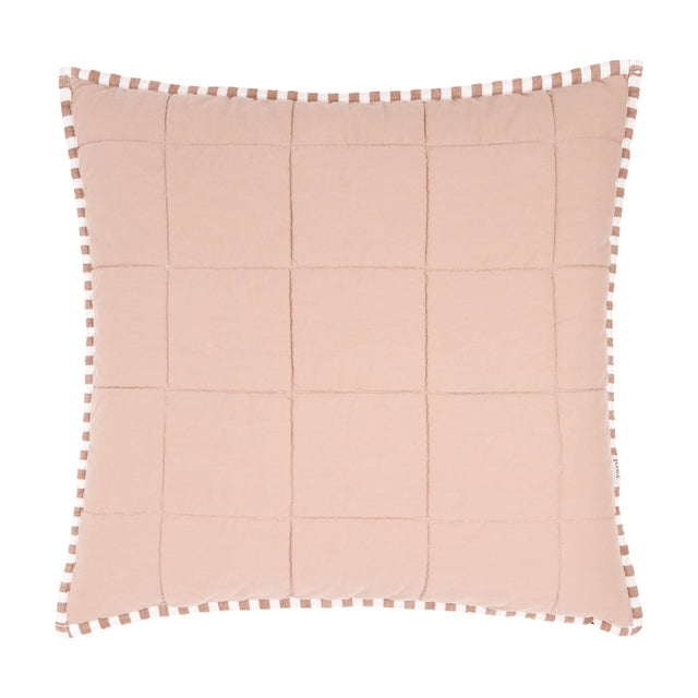 Hebden Percale Cotton Cushion in Pecan/Cotta, showing the quilted pecan-pink square-grid face with striped edge piping, on a plain white background.