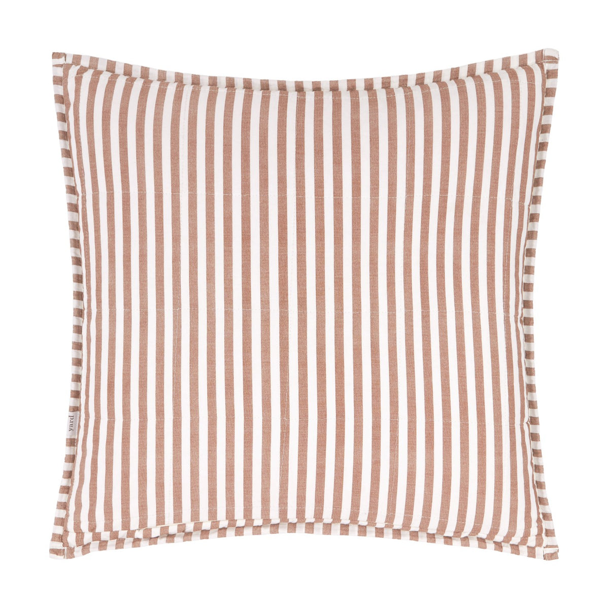 Hebden Percale Cotton Cushion in Pecan/Cotta, square with pecan-and-white striped woven fabric and a piped edge, shown on a plain white background.