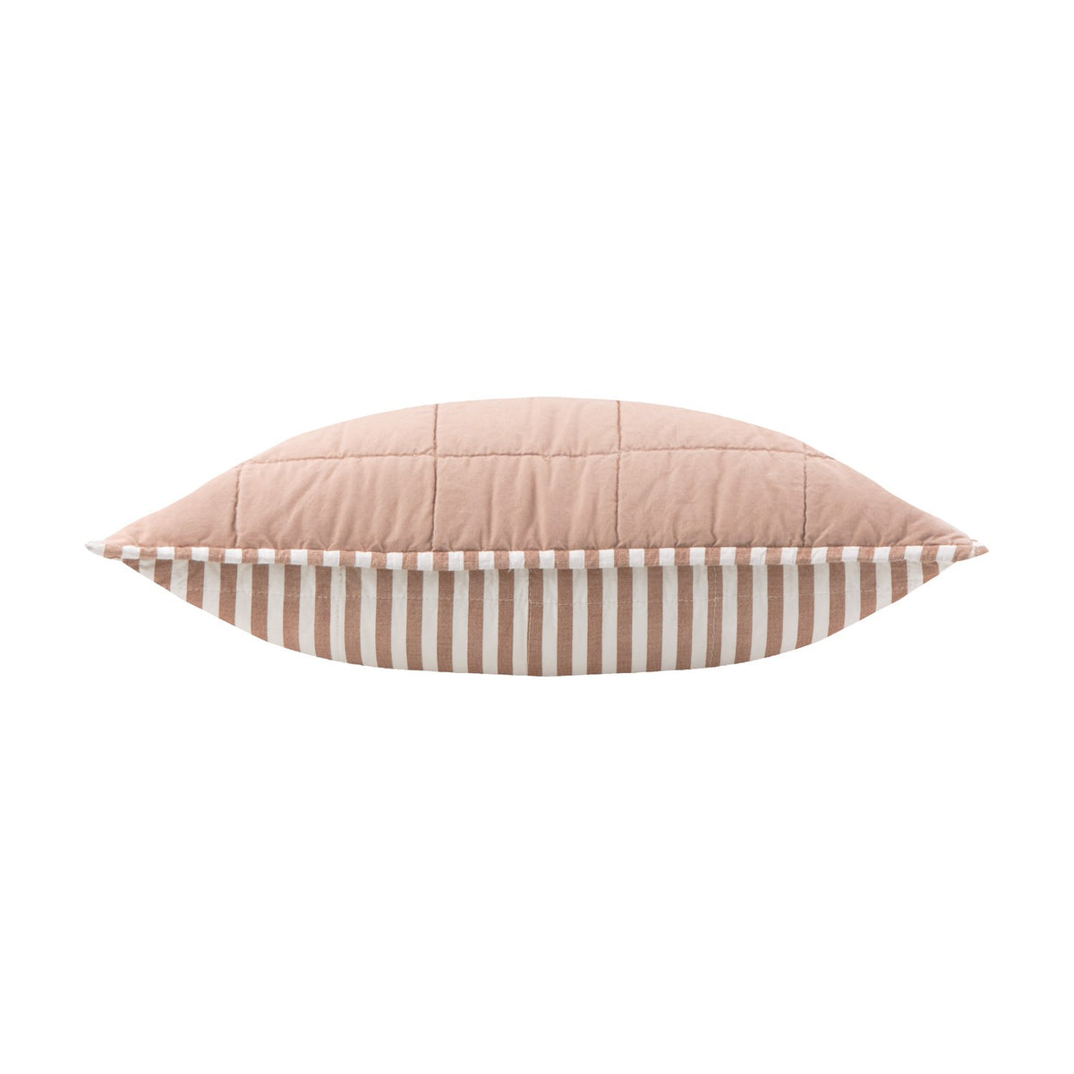 Hebden Percale Cotton Cushion in Pecan/Cotta, shown edge-on with quilted pink grid on one side and pecan-and-white stripe on the other, plain white background.