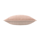 Hebden Percale Cotton Cushion in Pecan/Cotta, shown edge-on with quilted pink grid on one side and pecan-and-white stripe on the other, plain white background.