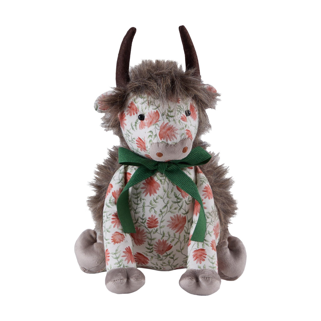 Hugo Polyester Door Stop shaped as a highland cow, with shaggy mane, dark curved horns, grey muzzle and paws, a coral floral print body tied with a green ribbon bow, on a plain white background.