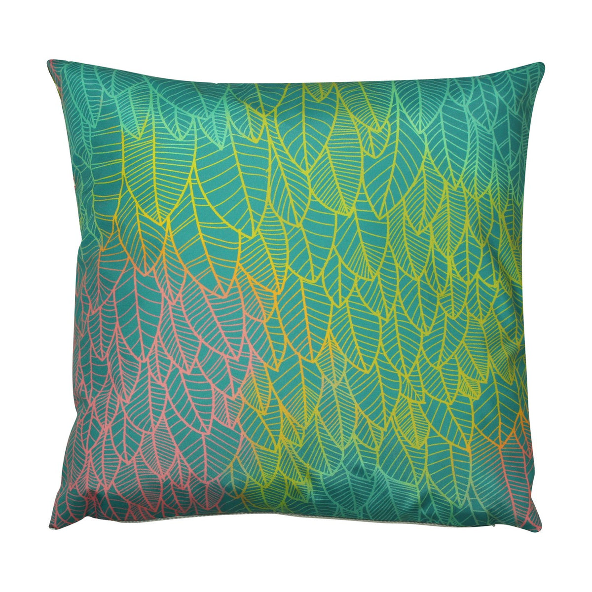 Reverse side of the Hummingbird Floral Polyester Cushion, showing a graphic leaf pattern in teal, yellow, green and coral-pink, set on a plain white background.