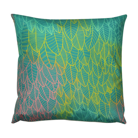 Reverse side of the Hummingbird Floral Polyester Cushion, showing a graphic leaf pattern in teal, yellow, green and coral-pink, set on a plain white background.