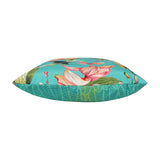 Side view of the Hummingbird Floral Polyester Cushion in blue, showing tropical bloom print on one edge and a teal leaf pattern on the other, against a plain white background.