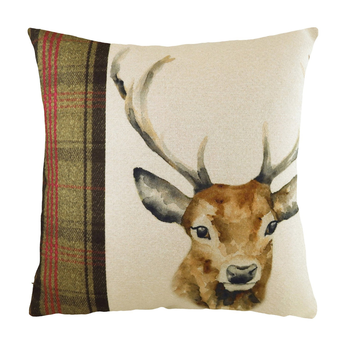 Hunter Animal Linen Cushion in multicolour, featuring a watercolour stag print on a natural ground with an olive, black and red tartan side panel, shown on a white background.