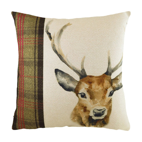 Hunter Animal Linen Cushion in multicolour, featuring a watercolour stag print on a natural ground with an olive, black and red tartan side panel, shown on a white background.