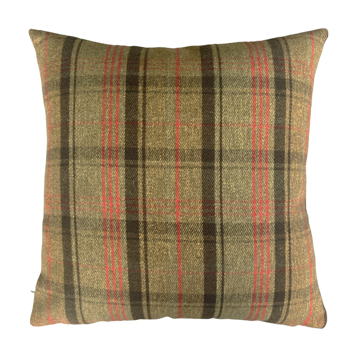 Reverse side of the Hunter Animal Linen Cushion in a green, black and red tartan check, shown on a plain white background.