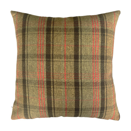 Reverse side of the Hunter Animal Linen Cushion in a green, black and red tartan check, shown on a plain white background.