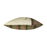 Side view of the Hunter Animal Linen Cushion, showing natural linen front with partial stag print and olive, black and red tartan side and reverse panel, on a white background.