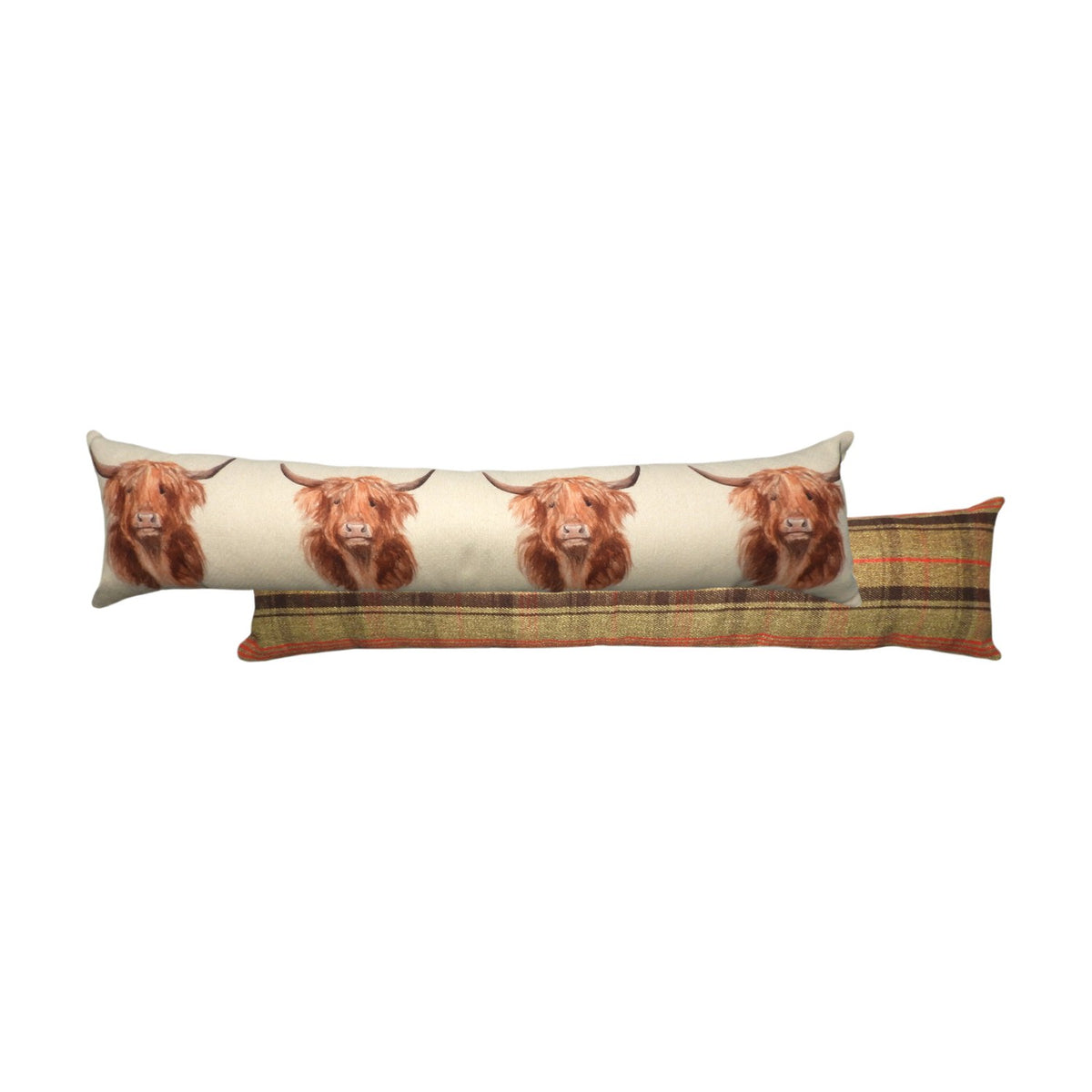 Hunter Animal Linen Draught Excluder, a long bolster cushion with four repeated Highland cow prints on cream linen and a green, brown and rust tartan reverse, shown on a white background.