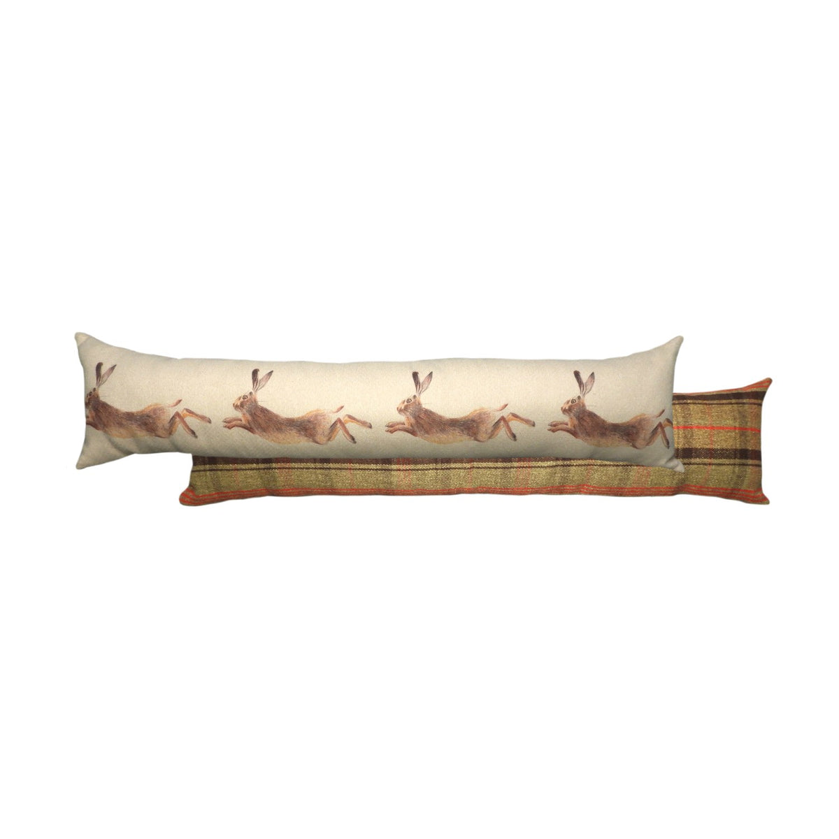 Hunter Animal Linen Draught Excluder in Multicolour, a long bolster cushion with leaping hares on a cream front and a green and rust plaid reverse, shown on a white background.