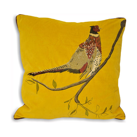 Hunter Velvet Animal Cotton Cushion in mustard yellow, square faux velvet cover embroidered with a pheasant perched on a branch with small leaves, shown on a plain white background.
