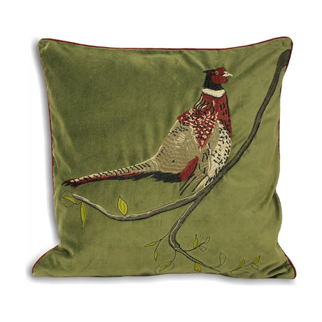Hunter Velvet Animal Cotton Cushion in green, square faux velvet cover with embroidered pheasant on a branch in burgundy, beige and black, red piped edge, plain white background.