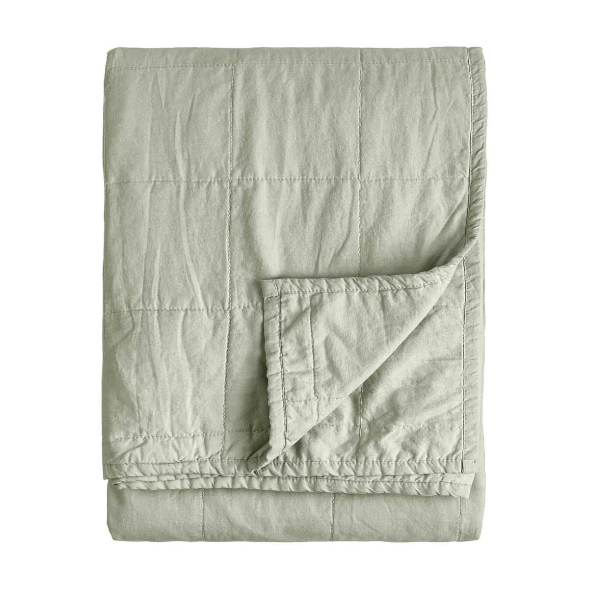 Hebden Percale Cotton Bedspread in Bay Green, folded showing a channel-quilted grid pattern and soft cotton finish, on a plain white background.