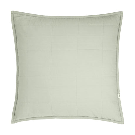 Hebden Percale Cotton Cushion in Bay Green, a square quilted cushion with grid stitching creating raised squares, shown on a plain white background.