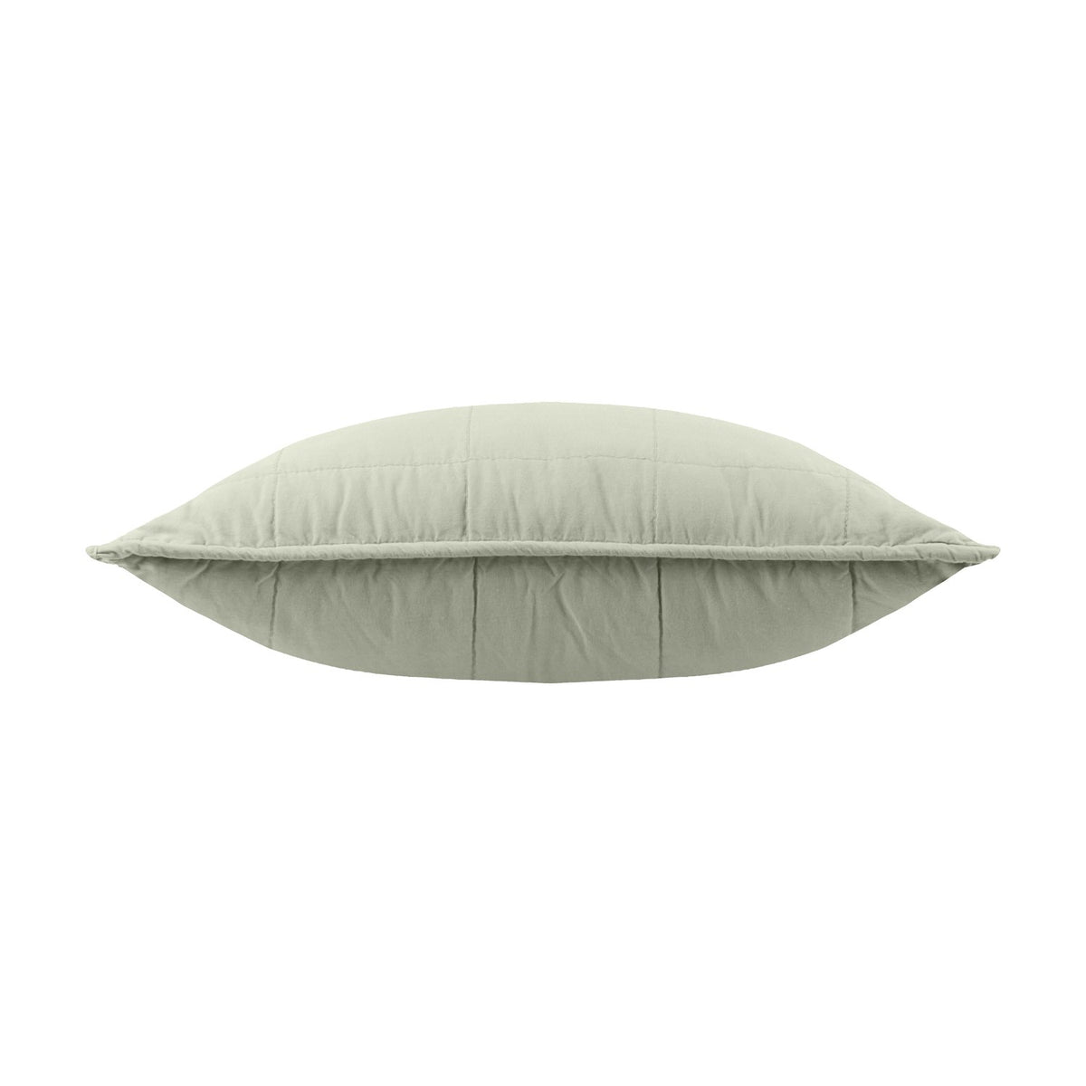 Hebden Percale Cotton Cushion in Bay Green, shown side-on with quilted grid stitching in soft sage cotton against a plain white background.