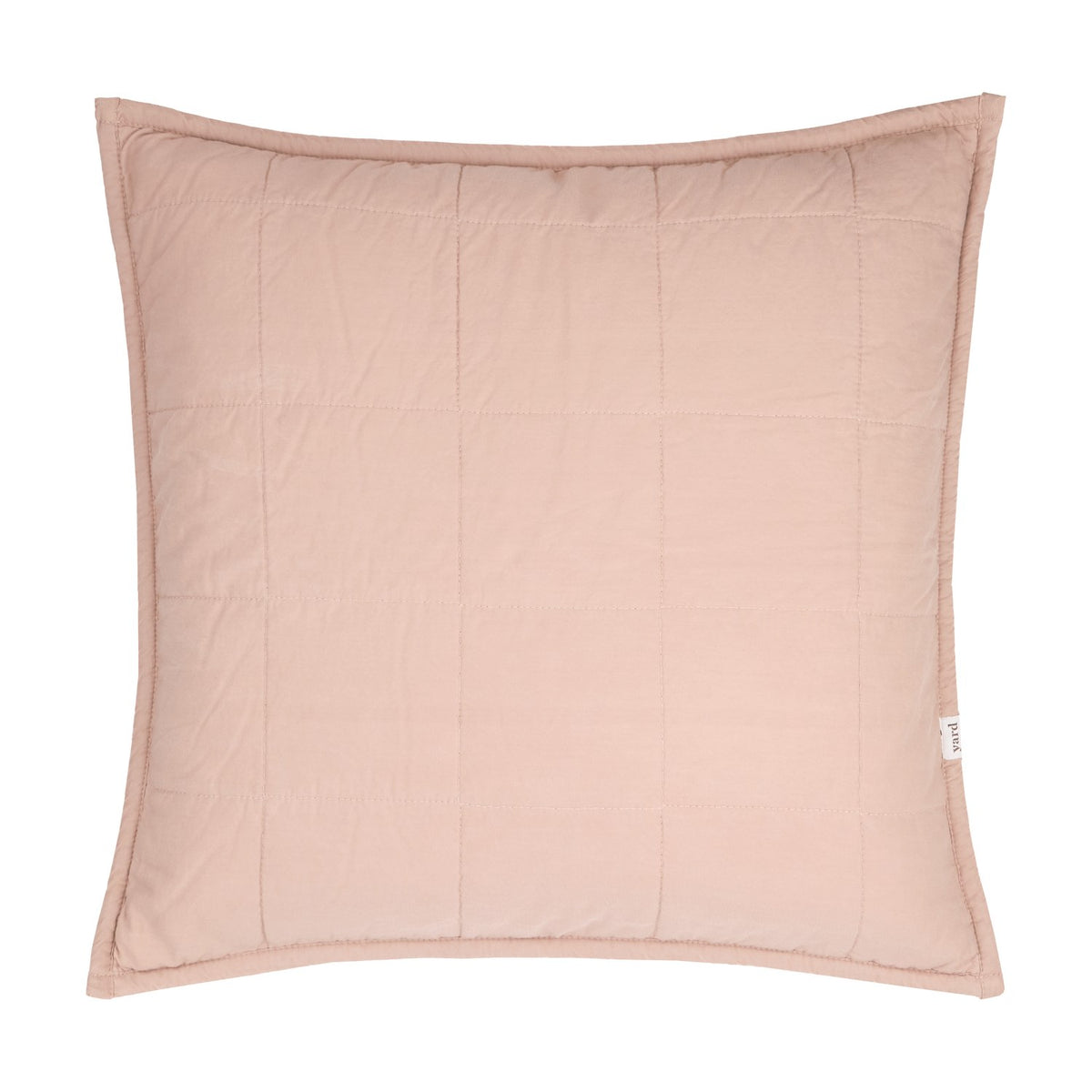 Hebden Percale Cotton Cushion in Cotta, a square pink quilted cushion with grid stitching and a slim Oxford border, shown on a plain white background.