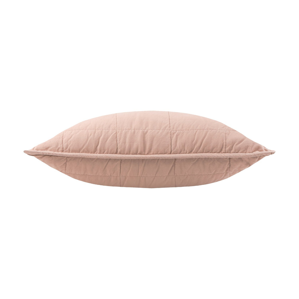Hebden Percale Cotton Cushion in Cotta pink, shown lengthwise with quilted grid stitching and a slim Oxford border, set against a plain white background.