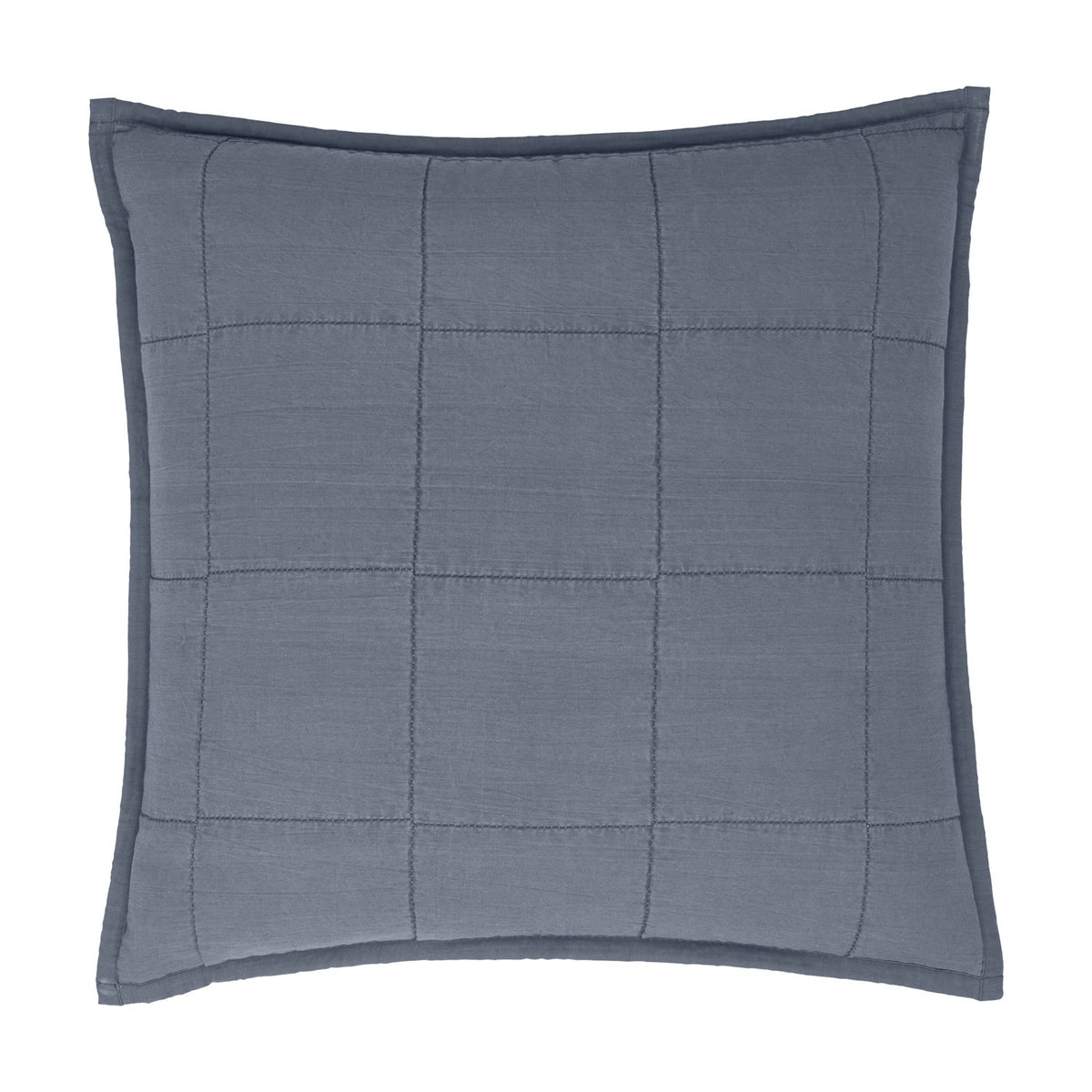 Hebden Percale Cotton Cushion in denim blue, square with grid quilting and an Oxford border edge, shown on a plain white background.