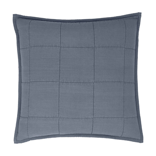 Hebden Percale Cotton Cushion in denim blue, square with grid quilting and an Oxford border edge, shown on a plain white background.