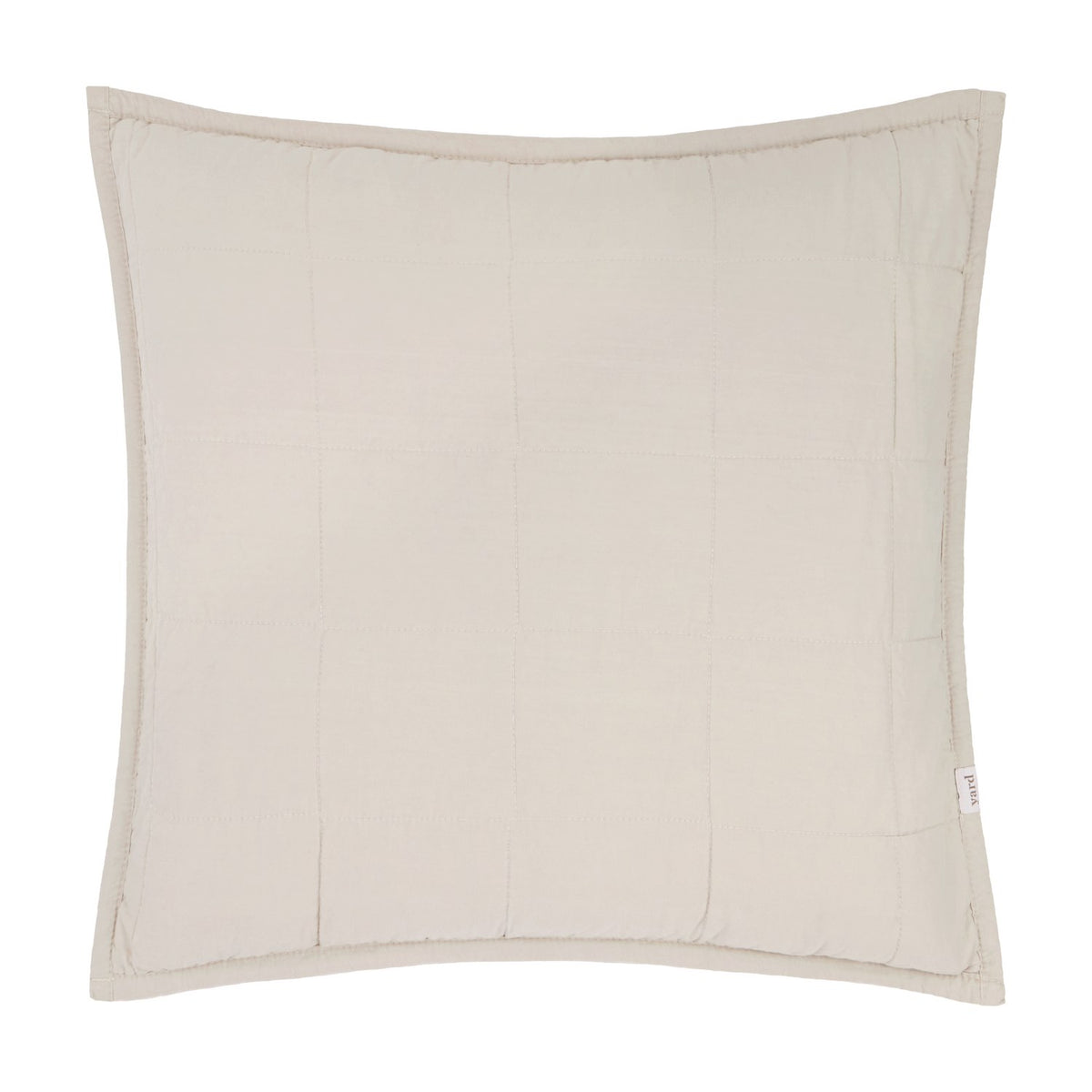 Hebden Percale Cotton Cushion in stone, square shape with quilted grid stitching, plain cotton fabric and piped edge, shown on a white background.