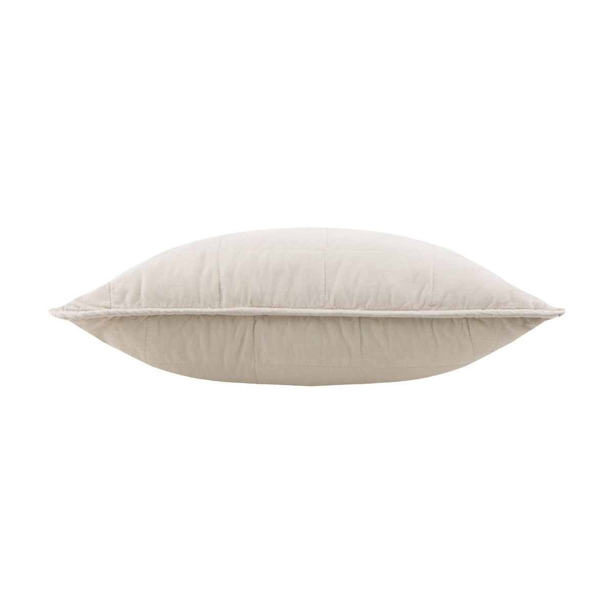 Hebden Percale Cotton Cushion in stone, shown side-on with quilted grid stitching and piped edge, set against a plain white background.