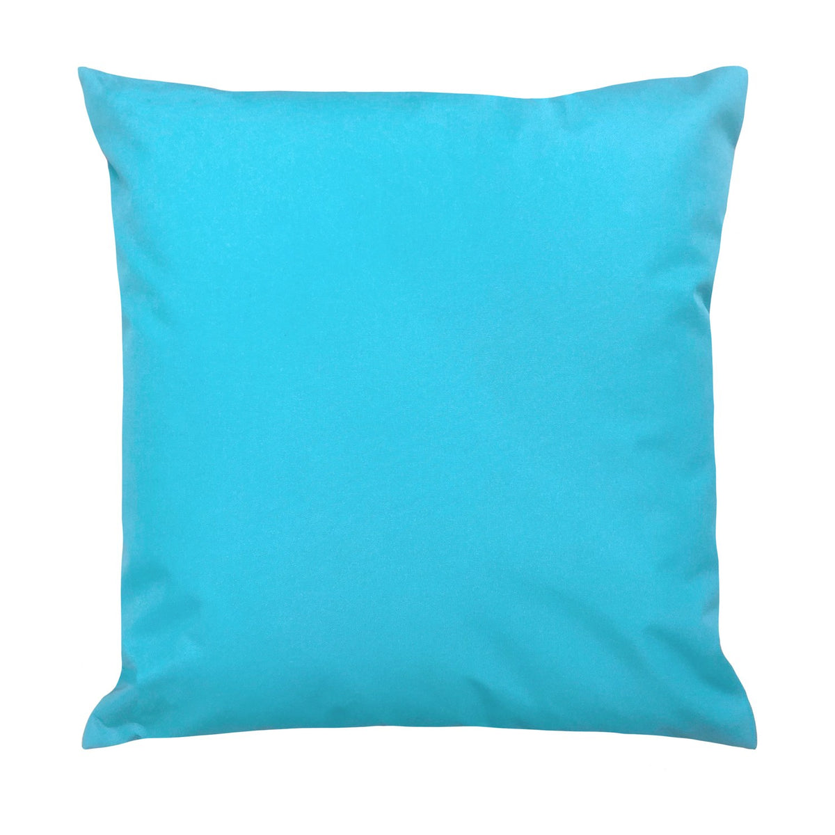 Square Ibiza Abstract Polyester Cushion in plain turquoise blue, shown reverse side on a white background, 43 x 43cm.